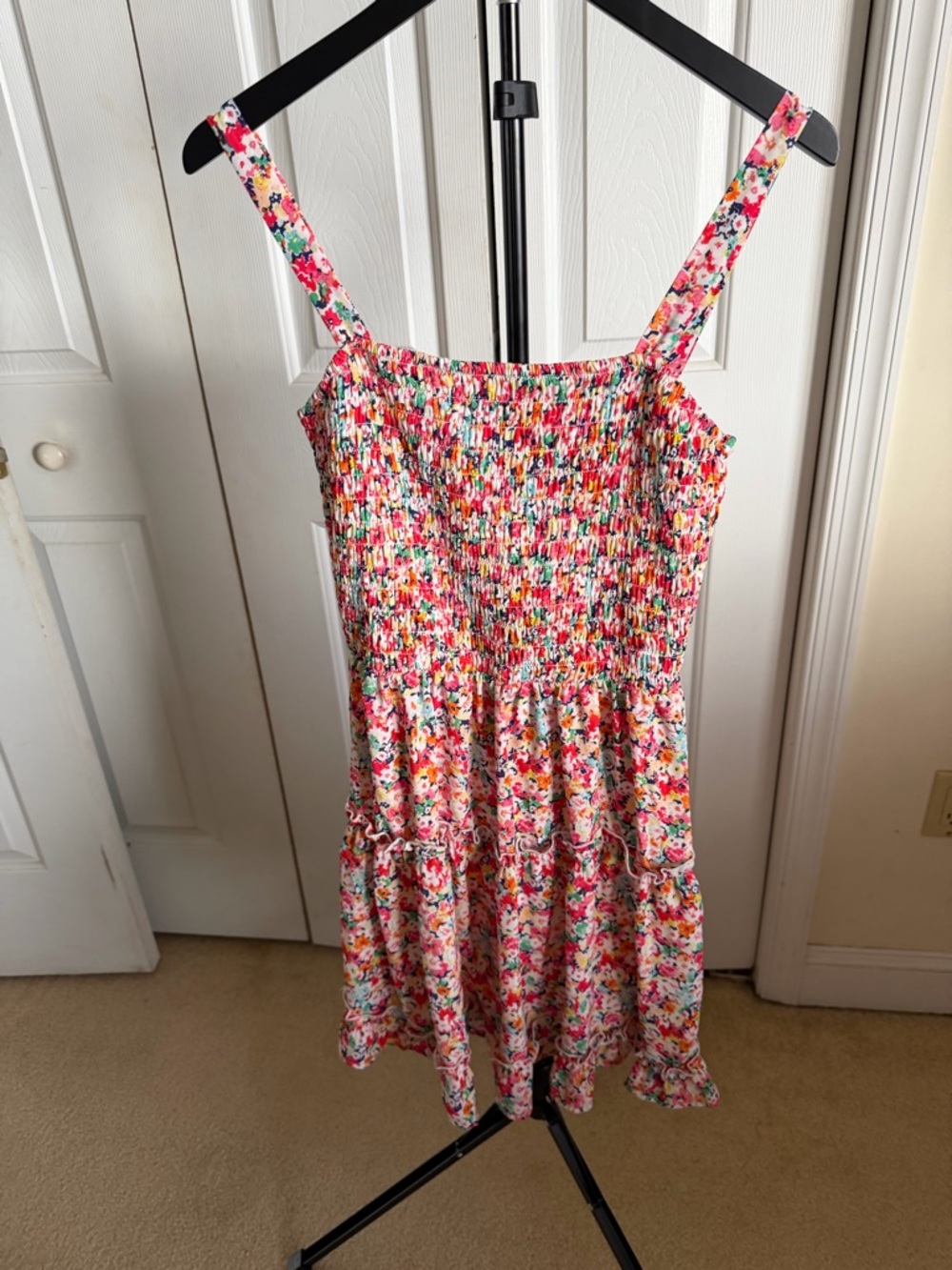 Sienna Sky Floral Smocked Midi Dress in White with Pink & Green